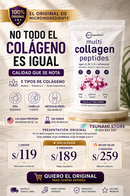 Multi Collagen Peptides 454 g – Colágeno Tipos I, II, III, V y X con Biotina, Vitamina C y Ácido Hialurónico | Piel, Cabello y Articulaciones
