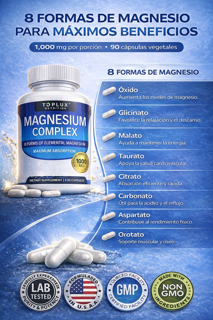 Magnesio Complex 1000 mg 90 cápsulas – 8 Tipos de Magnesio en un solo Producto