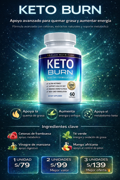 Keto Burn Toplux Nutrition 60 cápsulas – Fórmula avanzada para energía y quema de grasa