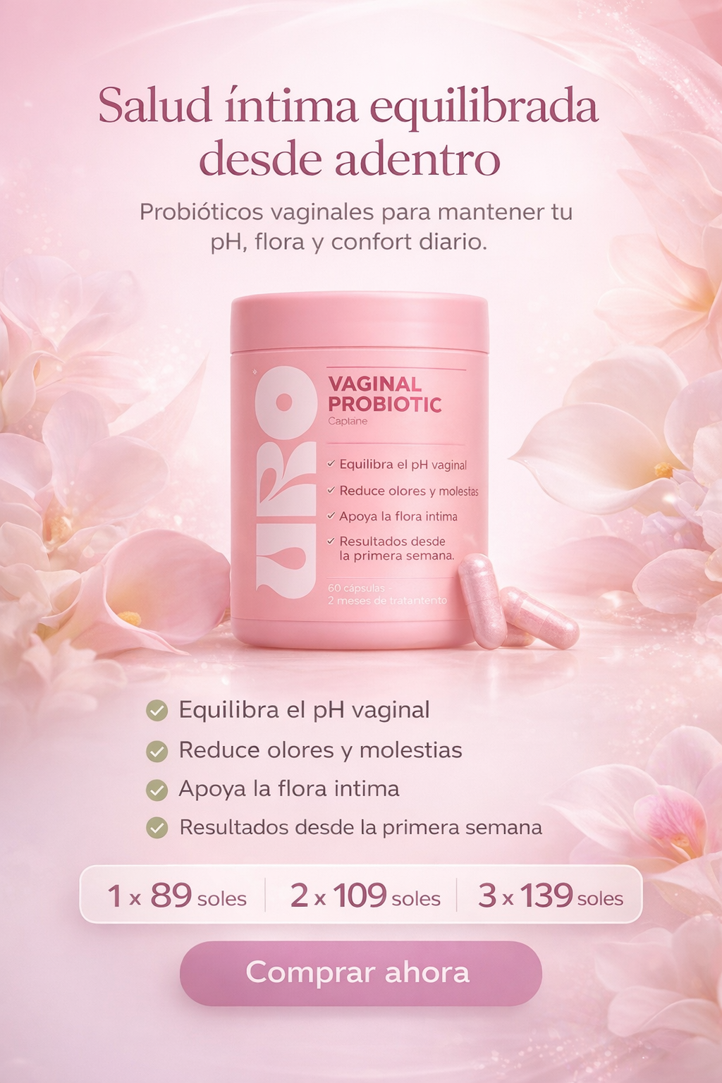 URO Vaginal Probiotic 60 Cápsulas – Probiótico Vaginal para Equilibrar pH, Flora Íntima y Bienestar Femenino