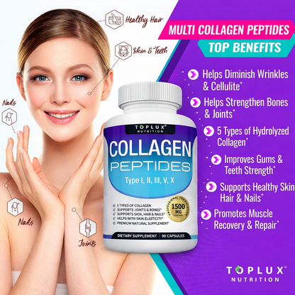 Colágeno Péptidos Toplux 1800 mg 90 Cápsulas - 5 Tipos de Colágeno en un solo Producto