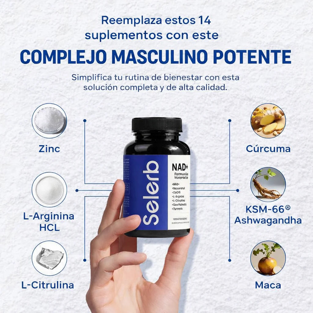 NAD+ Complejo Masculino con Resveratrol, CoQ10 y Ashwagandha – 60 Cápsulas | Soporte Celular y Hormonal