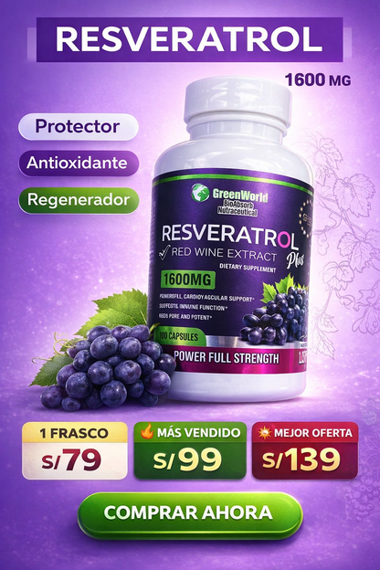 Resveratrol 1600 mg 100 Cápsulas | Antioxidante Natural para Salud Cardiovascular