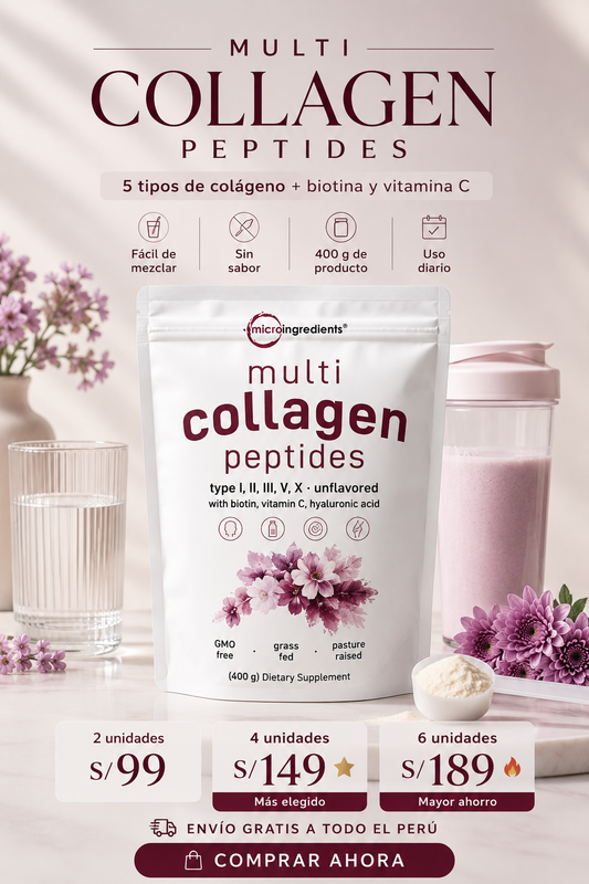 Multi Collagen Peptides 400 g – Colágeno Tipos I, II, III, V y X con Biotina, Vitamina C y Ácido Hialurónico | Piel, Cabello y Articulaciones