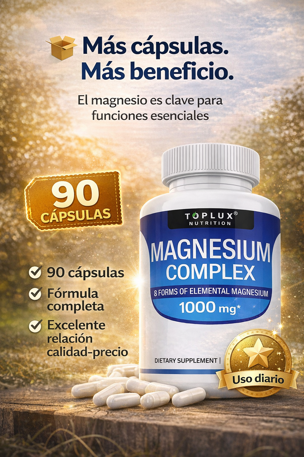 Magnesio Complex 1000 mg 90 cápsulas – 8 Tipos de Magnesio en un solo Producto