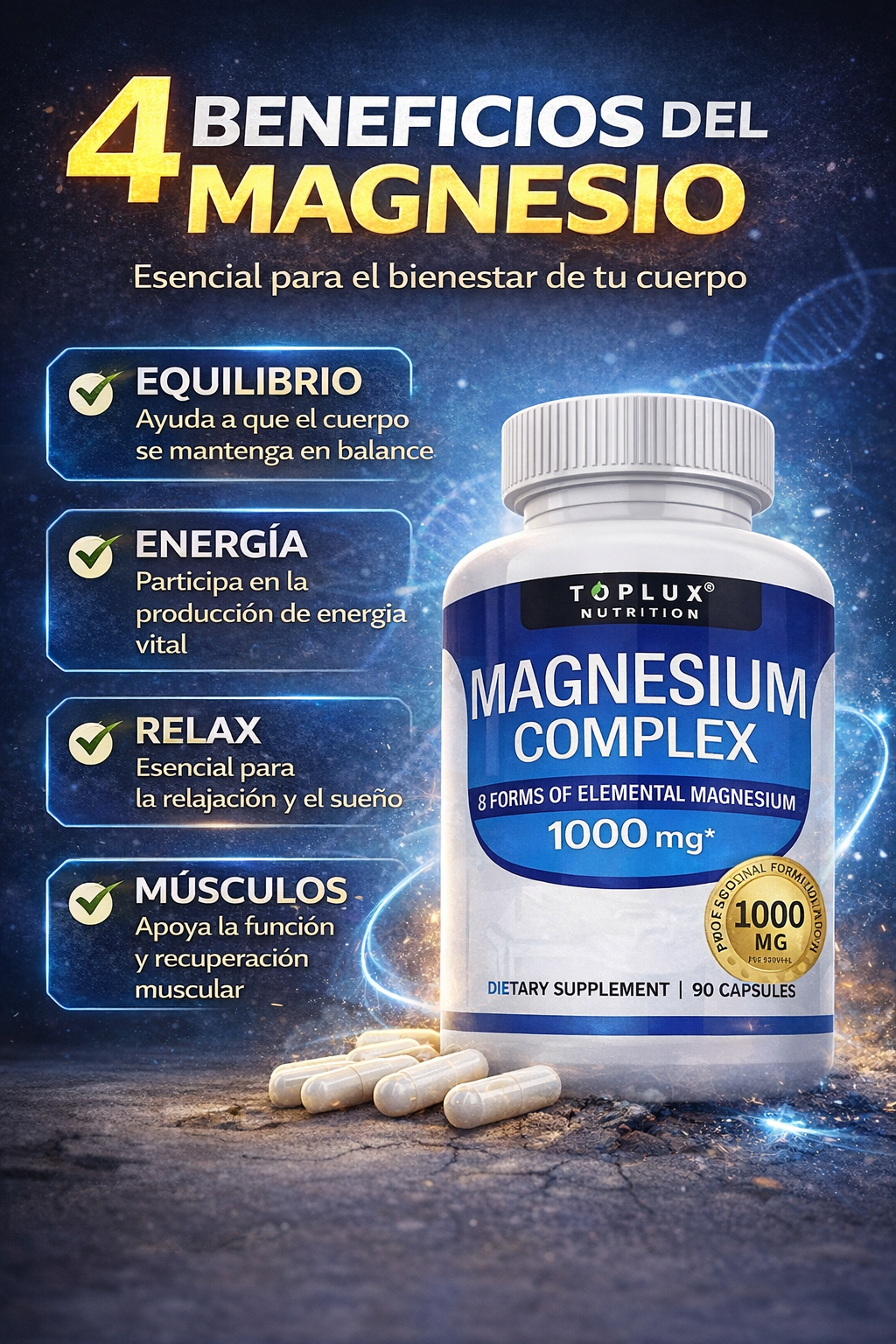 Magnesio Complex 1000 mg 90 cápsulas – 8 Tipos de Magnesio en un solo Producto