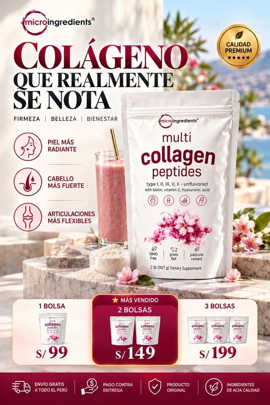 Multi Collagen Peptides 907 g – Colágeno Tipos I, II, III, V y X con Biotina, Vitamina C y Ácido Hialurónico | Piel, Cabello y Articulaciones