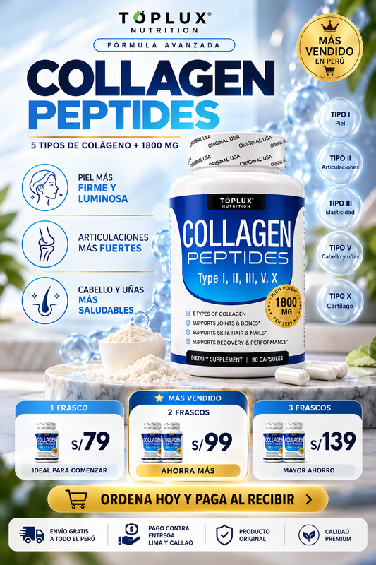 Colágeno Péptidos Toplux 1800 mg 90 Cápsulas - 5 Tipos de Colágeno en un solo Producto