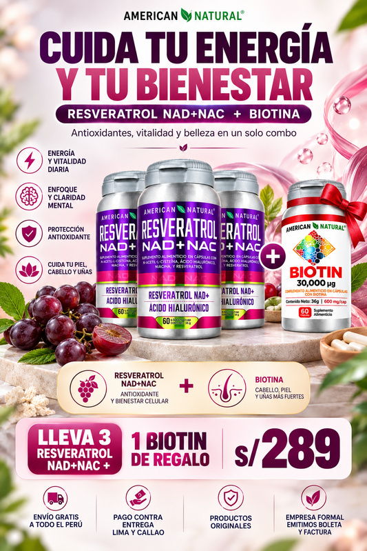 Resveratrol NAD+NAC | 3 Unidades + Biotina 30,000 mcg GRATIS