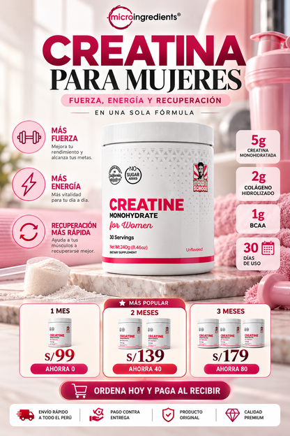 Creatina Monohidratada para Mujeres + Colágeno Hidrolizado 
Fuerza, Tonificación y Recuperación en 30 Días