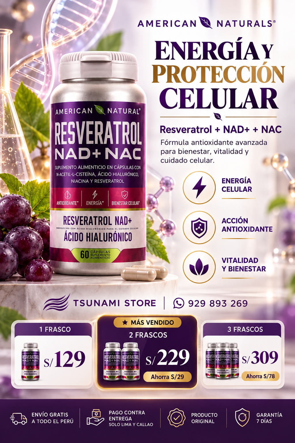 Resveratrol NAD+ NAC con Ácido Hialurónico | Fórmula Avanzada para Envejecimiento Saludable y Vitalidad
