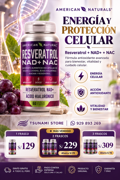 Resveratrol NAD+ NAC con Ácido Hialurónico | Fórmula Avanzada para Envejecimiento Saludable y Vitalidad