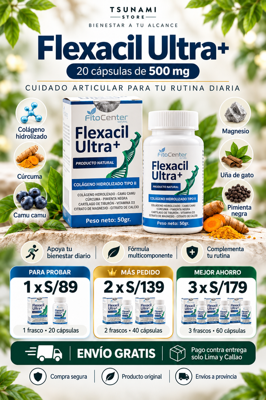 Flexacil Ultra+ 20 Cápsulas | Colágeno, Cúrcuma y Magnesio para el Cuidado Articular