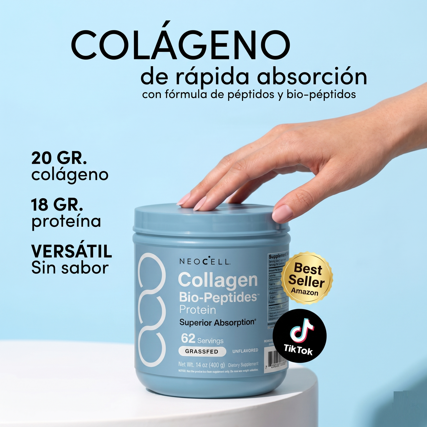 NeoCell Collagen Bio-Peptides 400g – Colágeno Premium de Alta Absorción para Piel, Cabello, Uñas y Articulaciones.