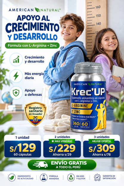 Krec’Up American Natural | L-Arginina + Zinc para Crecimiento y Energía (9 a 22 años)