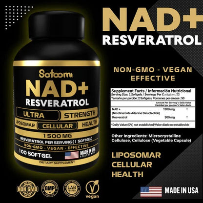 NAD+ + Resveratrol Liposomal 1500 mg – Fórmula Antioxidante de Alta Absorción | 100 Cápsulas