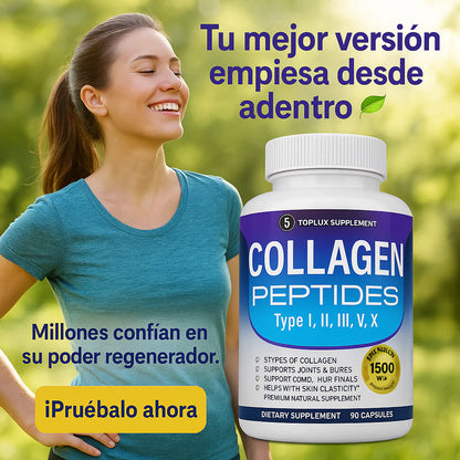Colágeno Péptidos Toplux 1800 mg 90 Cápsulas - 5 Tipos de Colágeno en un solo Producto