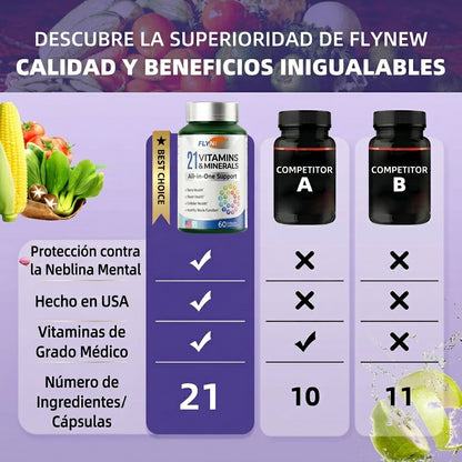 Multivitamínico Completo con 21 Vitaminas y Minerales | FLYNEW 60 Cápsulas