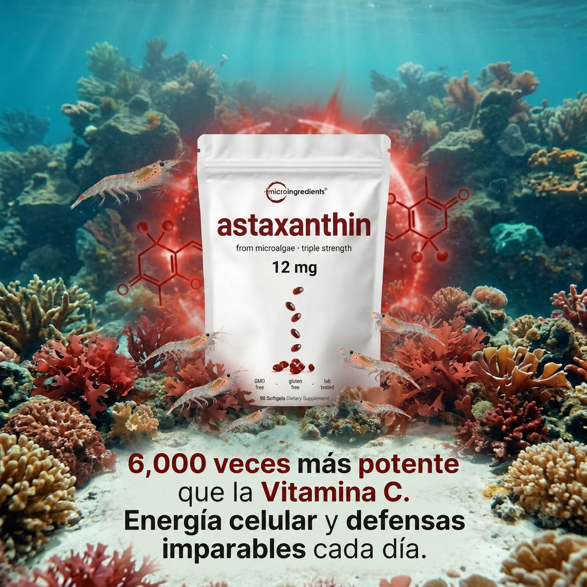 Astaxantina 12 mg Micro Ingredients | Antioxidante Premium 90 Cápsulas