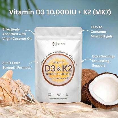 Vitamina D3 + K2 MK7 10,000 IU Alta Potencia | Microingredients