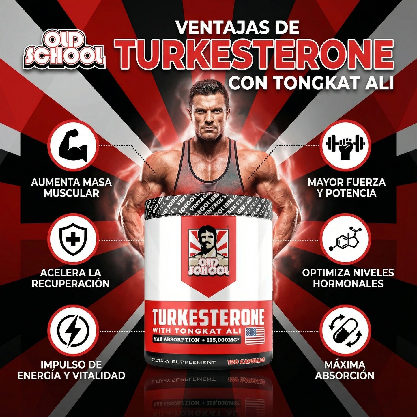 Turkesterona con Tongkat Ali Old School 120 cápsulas – Fuerza, Recuperación y Rendimiento
