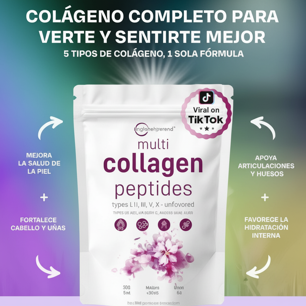 Multi Collagen Peptides 454 g – Colágeno Tipos I, II, III, V y X con Biotina, Vitamina C y Ácido Hialurónico | Piel, Cabello y Articulaciones