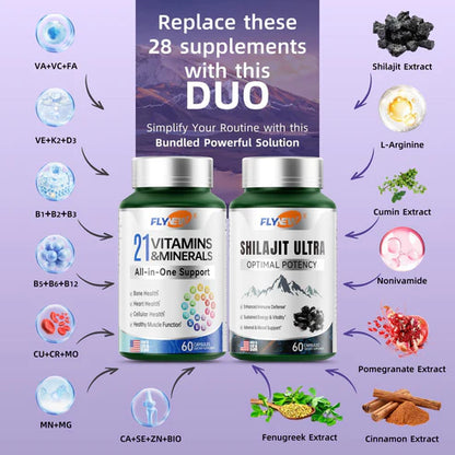 SHILAJIT ULTRA + 21 VITAMINAS & MINERALES PACK ENERGÍA TOTAL
