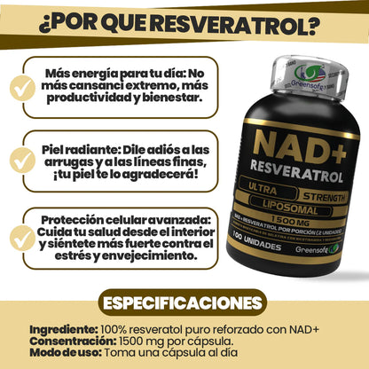 NAD+ + Resveratrol Liposomal 1500 mg – Fórmula Antioxidante de Alta Absorción | 100 Cápsulas
