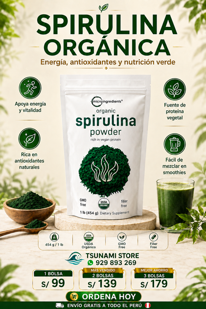 Spirulina Orgánica Microingredients 454 g | Proteína Vegetal, Energía y Antioxidantes Naturales