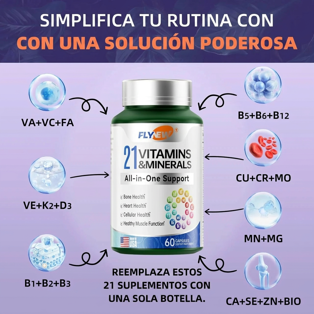 Multivitamínico Completo con 21 Vitaminas y Minerales | FLYNEW 60 Cápsulas