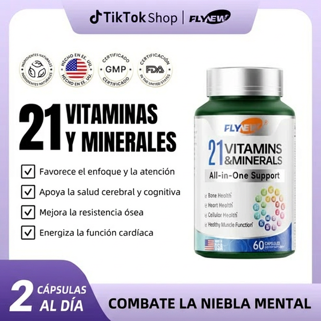 Multivitamínico Completo con 21 Vitaminas y Minerales | FLYNEW 60 Cápsulas