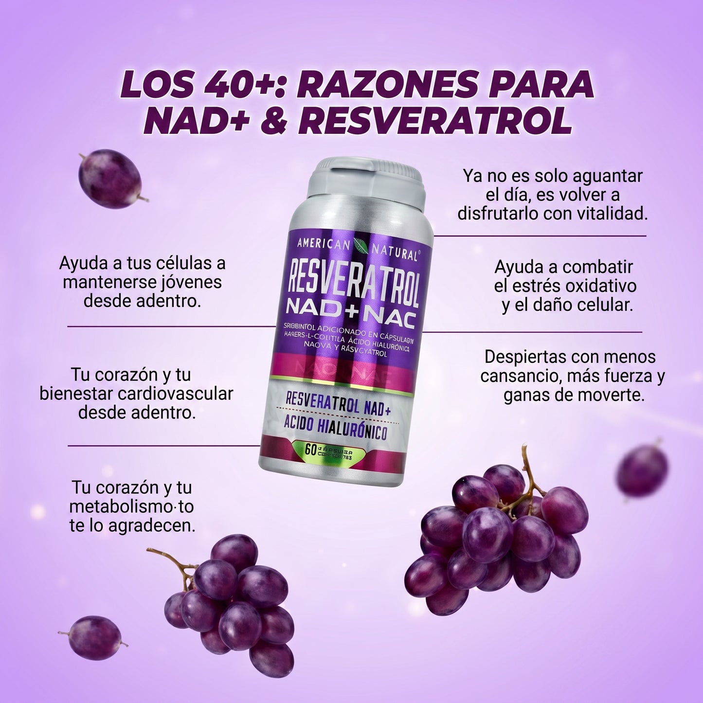 Resveratrol NAD+ NAC con Ácido Hialurónico | Fórmula Avanzada para Envejecimiento Saludable y Vitalidad