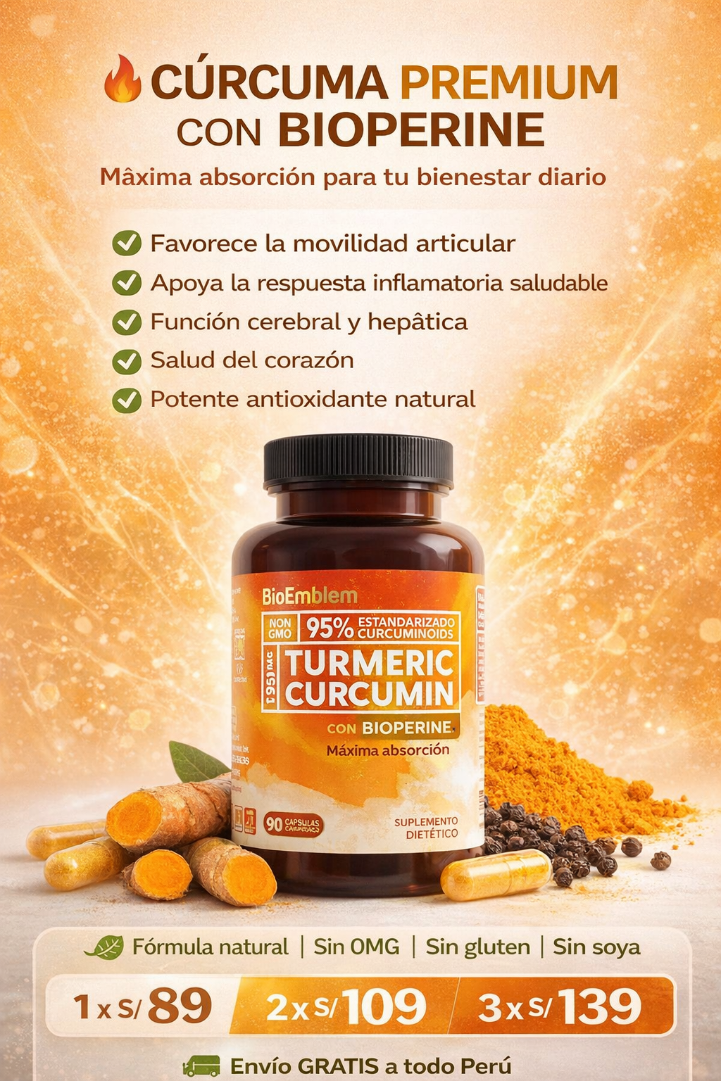 Cúrcuma Curcumina BioEmblem con BioPerine® | Movilidad Articular y Antioxidante
