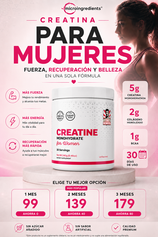 Creatina Monohidratada para Mujeres + Colágeno Hidrolizado 
Fuerza, Tonificación y Recuperación en 30 Días