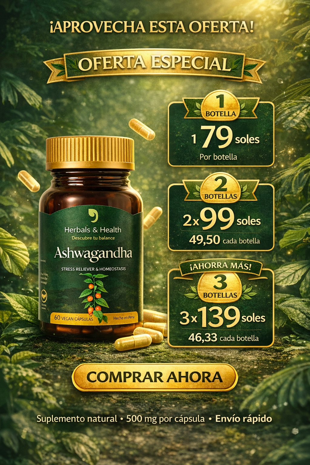 Ashwagandha 500 mg 60 cápsulas – Suplemento natural para estrés, energía y enfoque