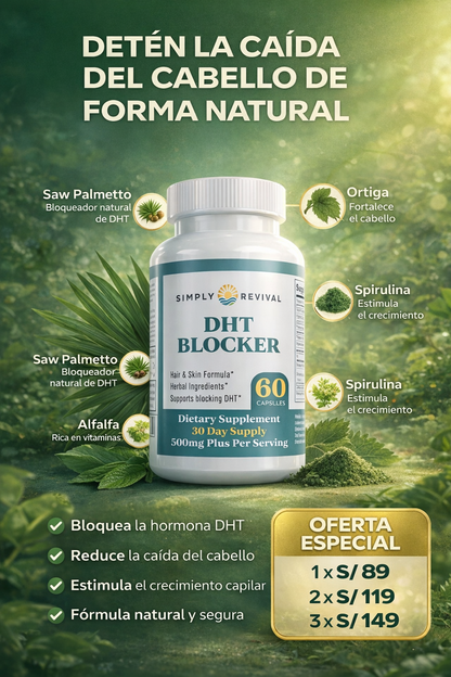 DHT Blocker Simply Revival 500mg – 60 Cápsulas | Bloqueador de DHT para la Caída del Cabello