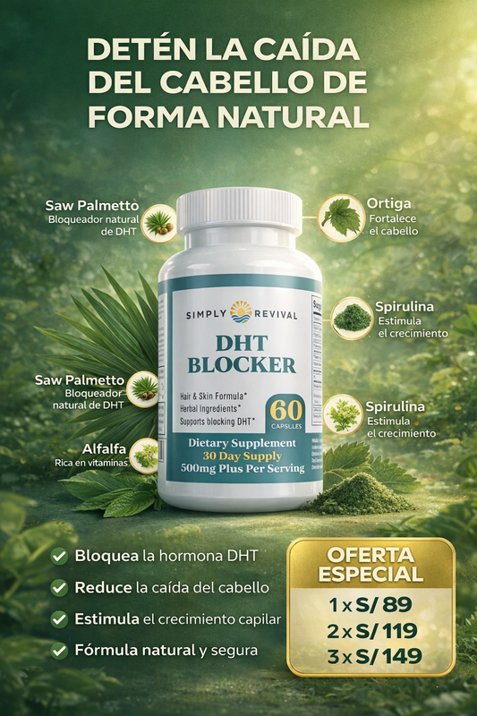 DHT Blocker Simply Revival 500mg – 60 Cápsulas | Bloqueador de DHT para la Caída del Cabello