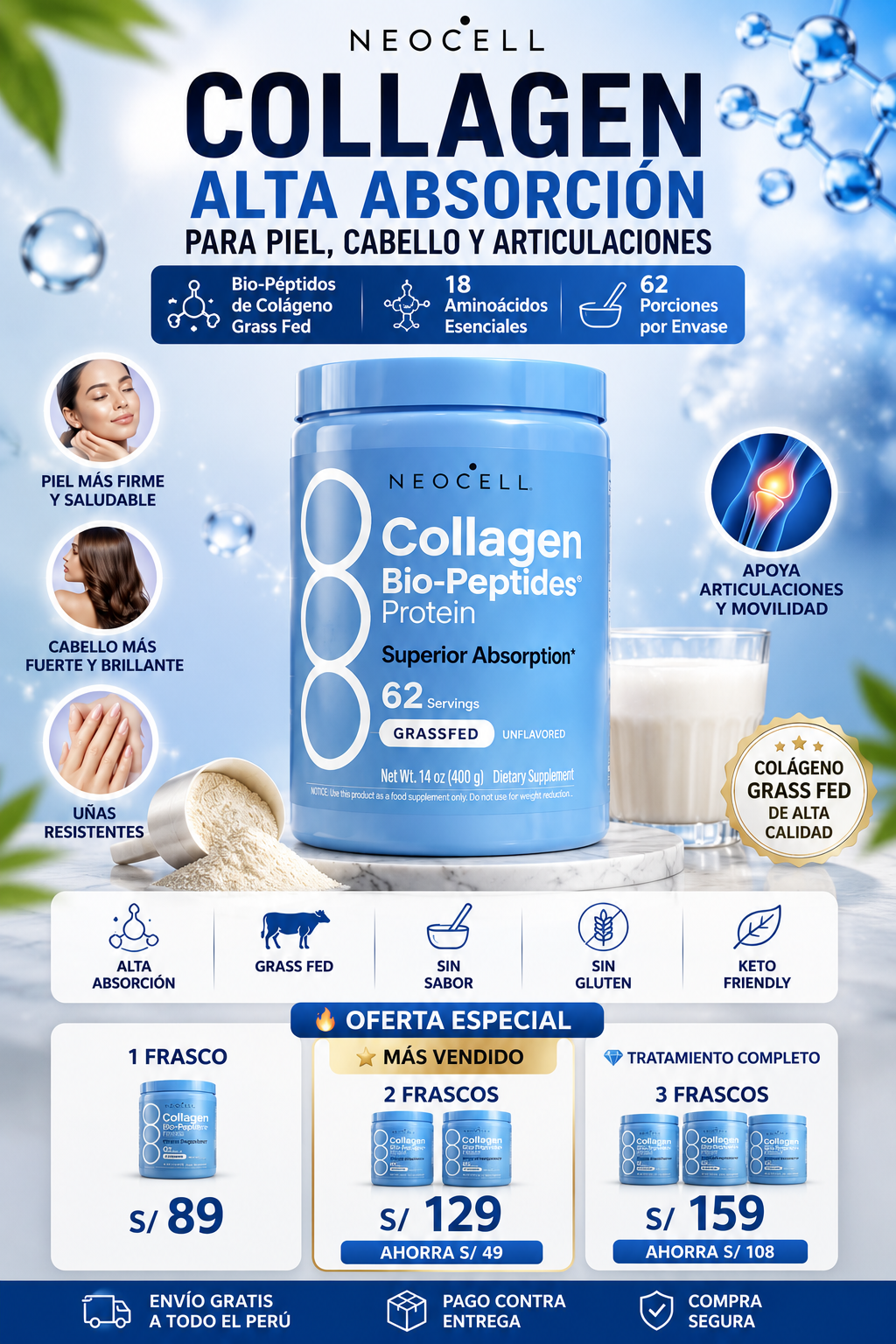 NeoCell Collagen Bio-Peptides 400g – Colágeno Premium de Alta Absorción para Piel, Cabello, Uñas y Articulaciones.