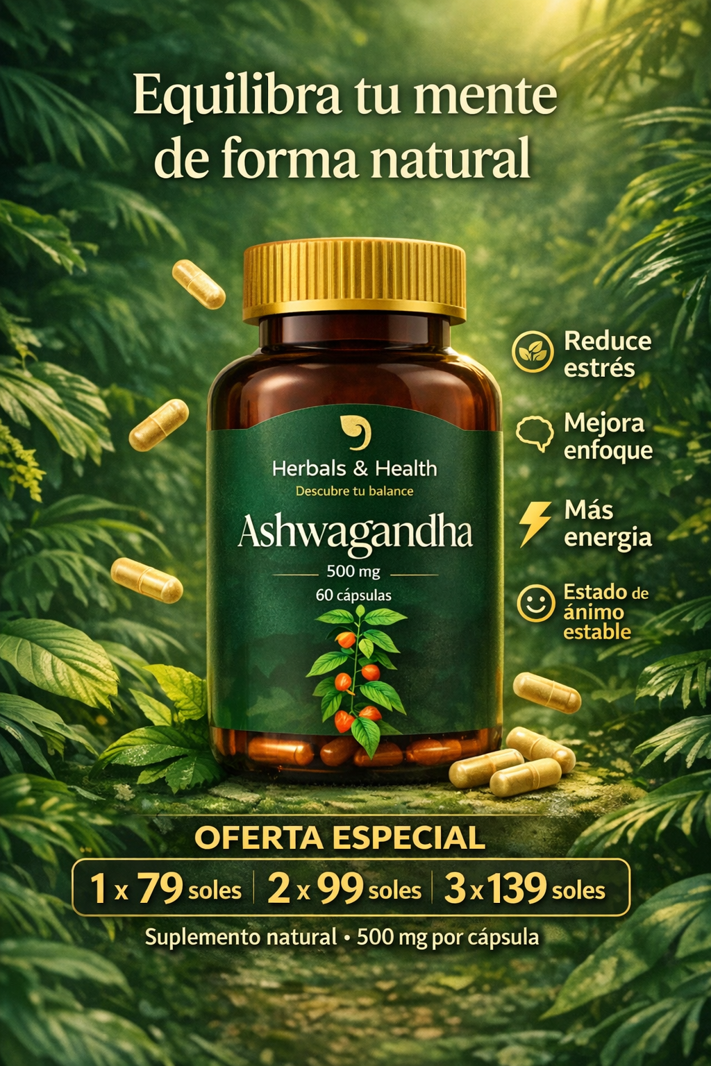 Ashwagandha 500 mg 60 cápsulas – Suplemento natural para estrés, energía y enfoque