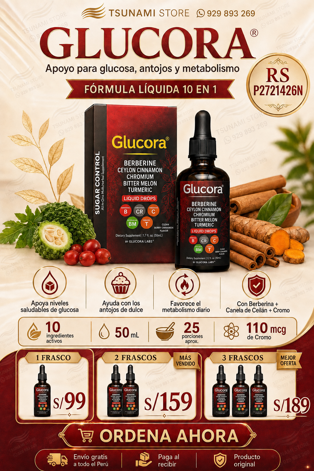 Glucora Gotas 10 en 1 | Berberina, Canela de Ceilán y Cromo | 50 ml