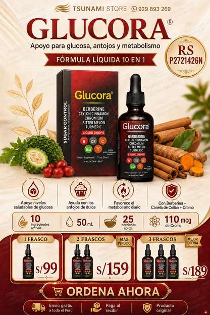 Glucora Gotas 10 en 1 | Berberina, Canela de Ceilán y Cromo | 50 ml