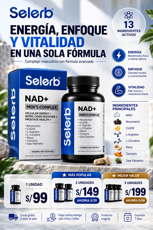 NAD+ Complejo Masculino con Resveratrol, CoQ10 y Ashwagandha – 60 Cápsulas | Soporte Celular y Hormonal