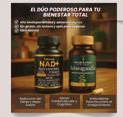 Inner Reset Pack – NAD+ Resveratrol 100 cápsulas + Ashwagandha 60 cápsulas