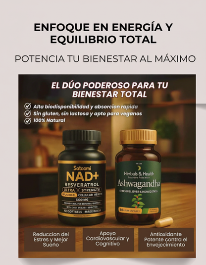 Inner Reset Pack – NAD+ Resveratrol 100 cápsulas + Ashwagandha 60 cápsulas